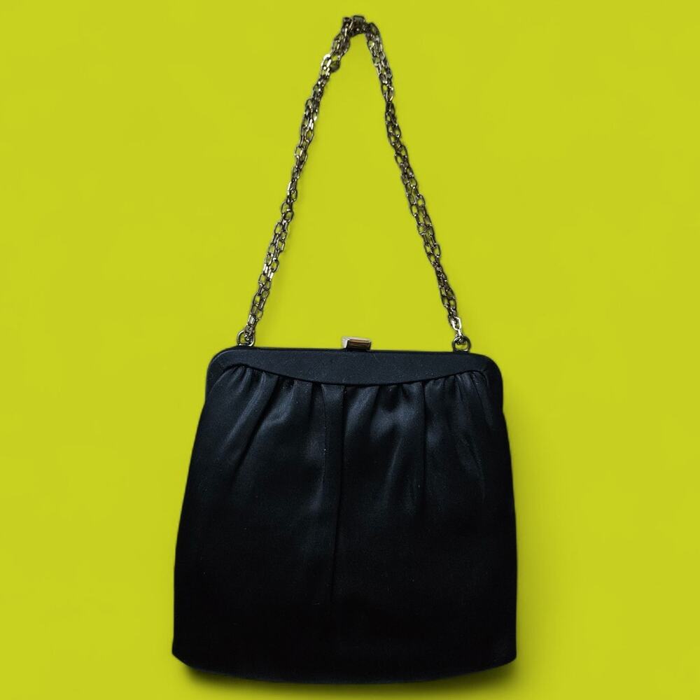 Vintage Women HL Black Satin Clutch Bag with gold Chain